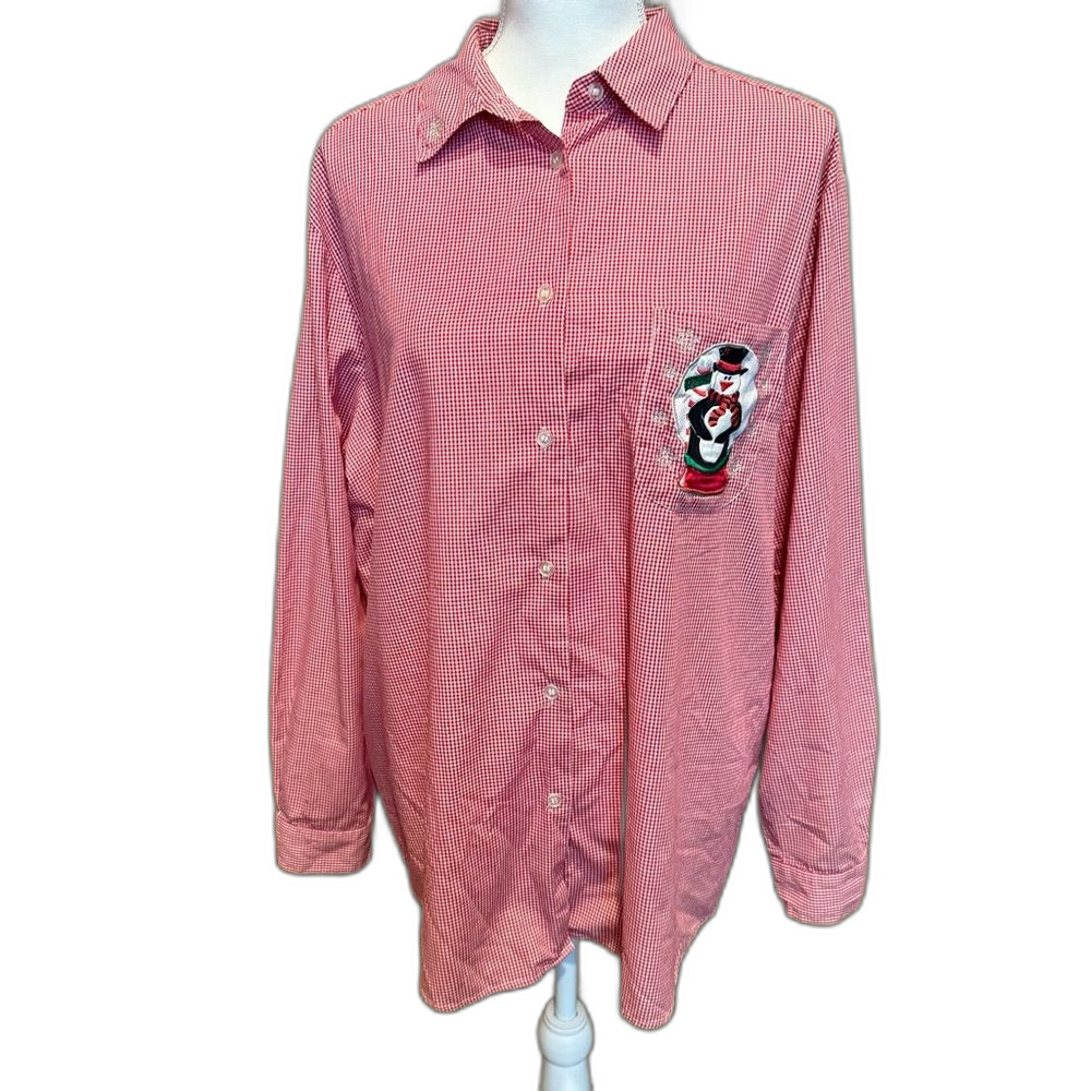 Karen Scott Holiday Christmas Button Down Top XL Red Check Snowman Penguins